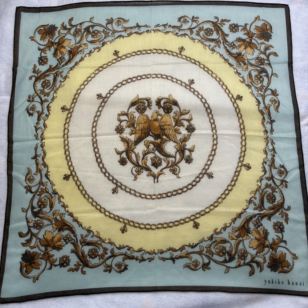 YUKIKO HANAI Scarf Eagle Crest Chain Print Blue Yellow Fashion Accessory 18.5"